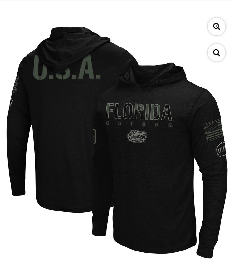 Men's Colosseum Black Florida Gators OHT Military Appreciation Hoodie Long Sleeve T-Shirt.