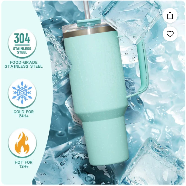 40 oz Tumbler With Handle and Straw Lid, 2-in-1 Lid (Straw/Flip), Vacuum Insulated Travel Mug Stainless Steel Tumbler for Hot and Cold Beverages,Easy to Clean (Seafoam)