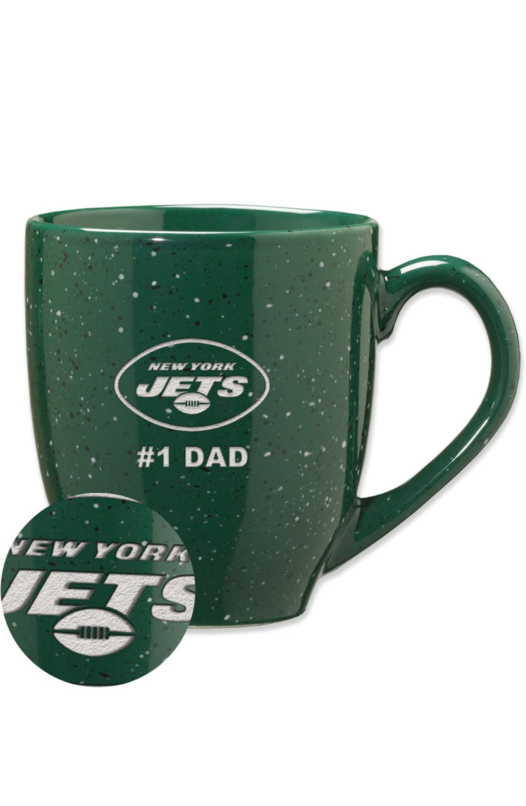 Rico Industries NFL Football New York Jets #1Dad 16 oz Team Color Laser Engraved Speckled Ceramic Coffee Mug.