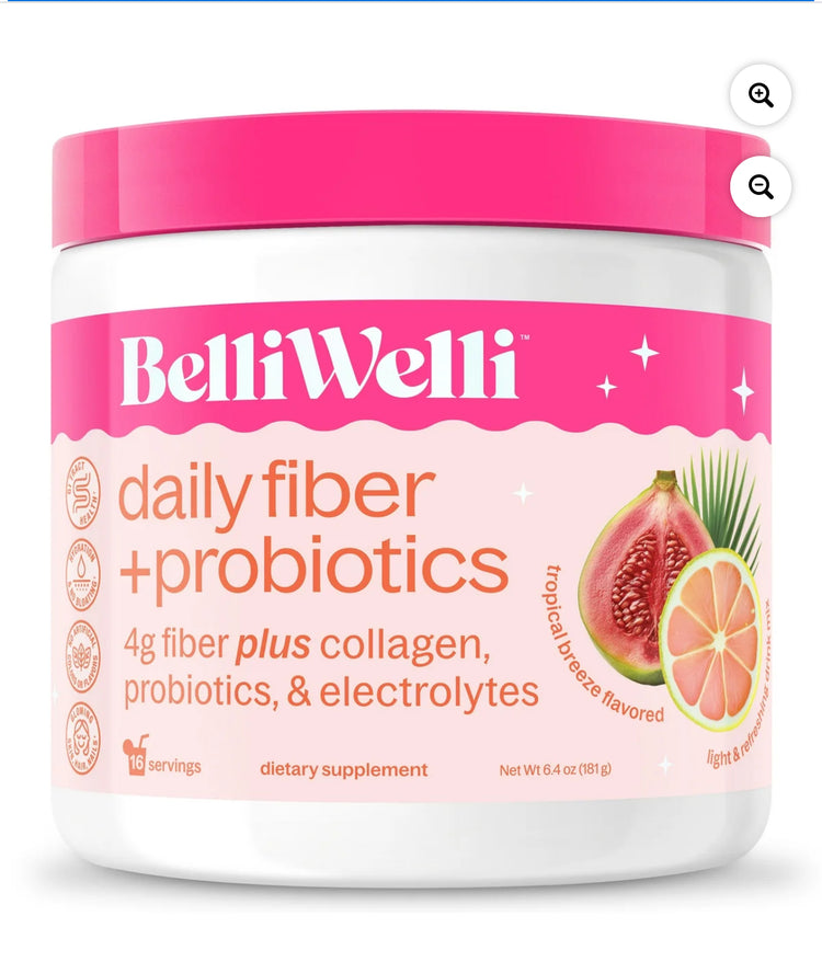 BelliWelli Daily Fiber Supplement with Probiotics, Electrolytes, and Collagen - Tropical Breeze, 6.4 oz. And Cucumber Lime 6.4 oz. 5 Cucumber Lime’s left and 1 Tropical Breeze left.