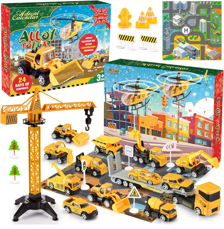 Christmas Advent Calendar for Kids Boys, Toys for 3-8 Year Old Boys Girls 24 Days Countdown Calendar with Alloy Construction Engineering Vehicle Toy Sets Xmas Gifts Stocking Stuffer for Boys Ages 3-8