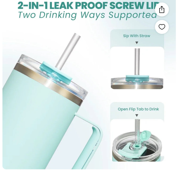 40 oz Tumbler With Handle and Straw Lid, 2-in-1 Lid (Straw/Flip), Vacuum Insulated Travel Mug Stainless Steel Tumbler for Hot and Cold Beverages,Easy to Clean (Seafoam)