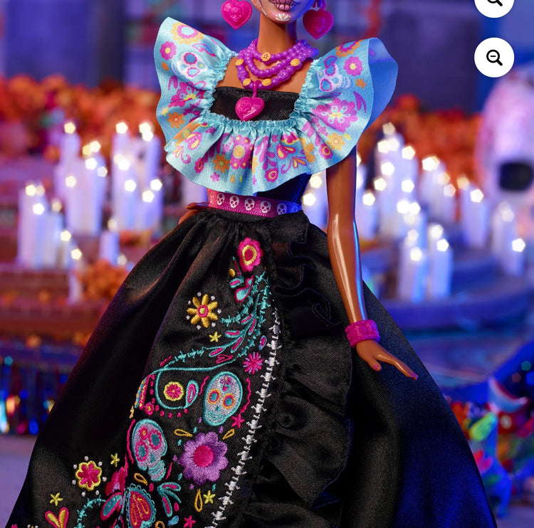 Barbie Signature Día De Muertos 2024 Collectible Doll in Ruffled Black Gown.