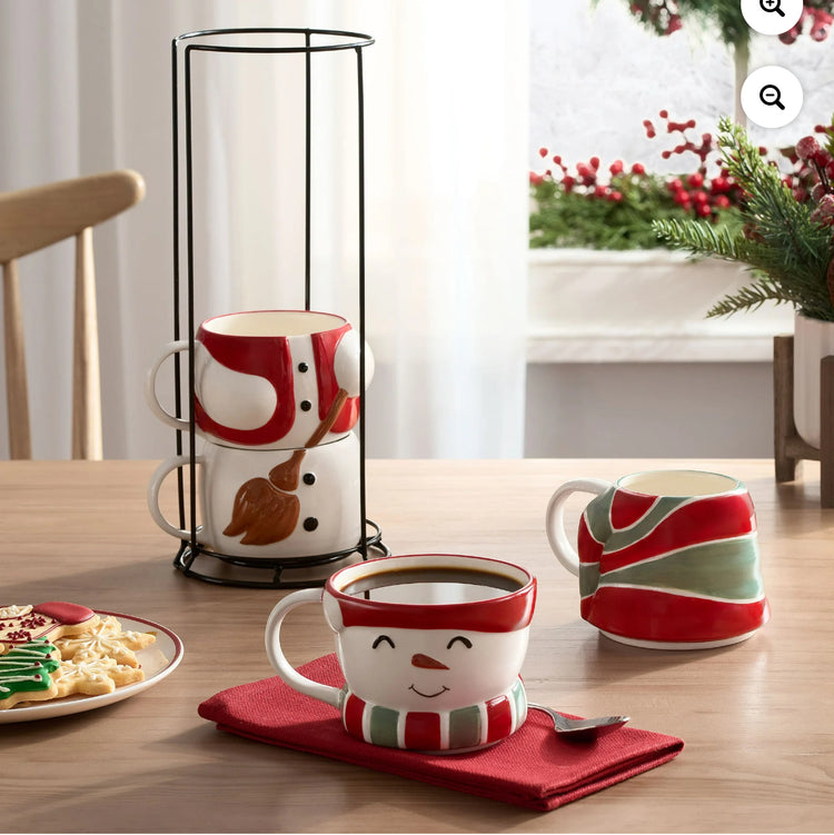 Holiday Time 4-Piece 12oz Snowman Glazed Stoneware Ceramic Stacking Mug Set with Metal Rack