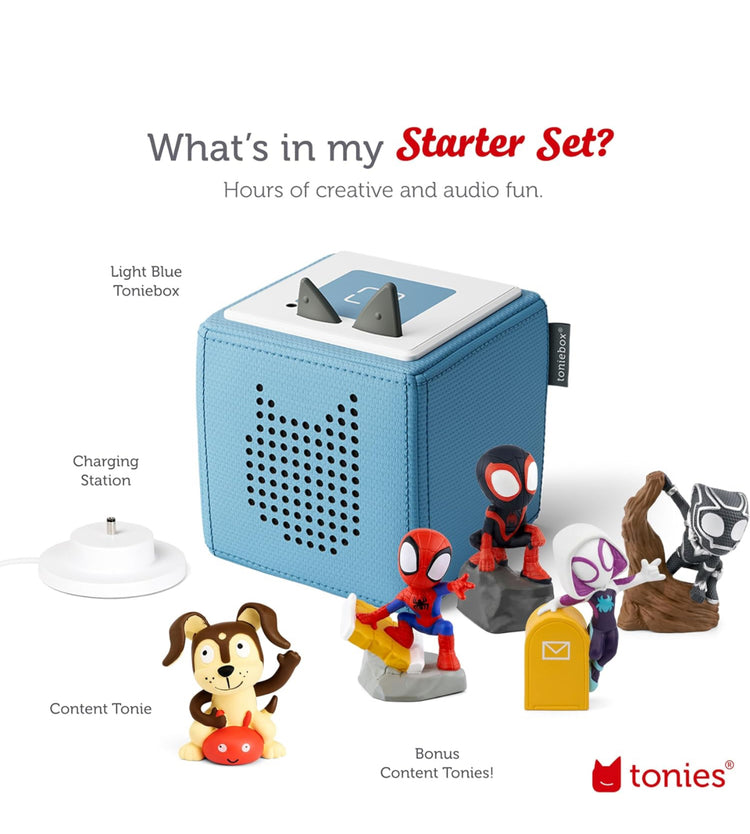 Toniebox Audio Player Starter Set with Spidey, Ghost-Spider, Spin, Black Panther, and Playtime Puppy - Listen, Learn, and Play with One Huggable Little Box - Light Blue