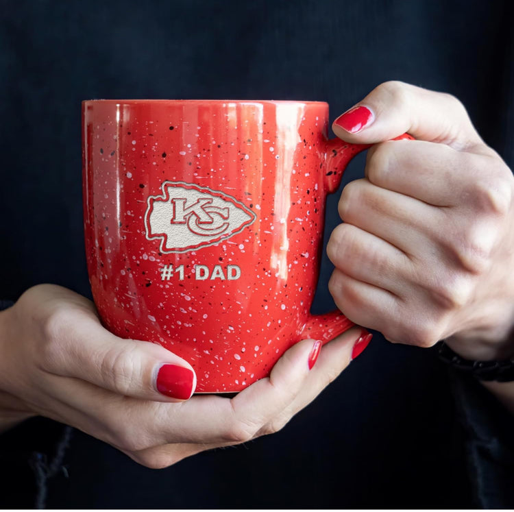 Rico Industries NFL Football Kansas City Chiefs #1Dad 16 oz Team Color Laser Engraved Speckled Ceramic Coffee Mug.