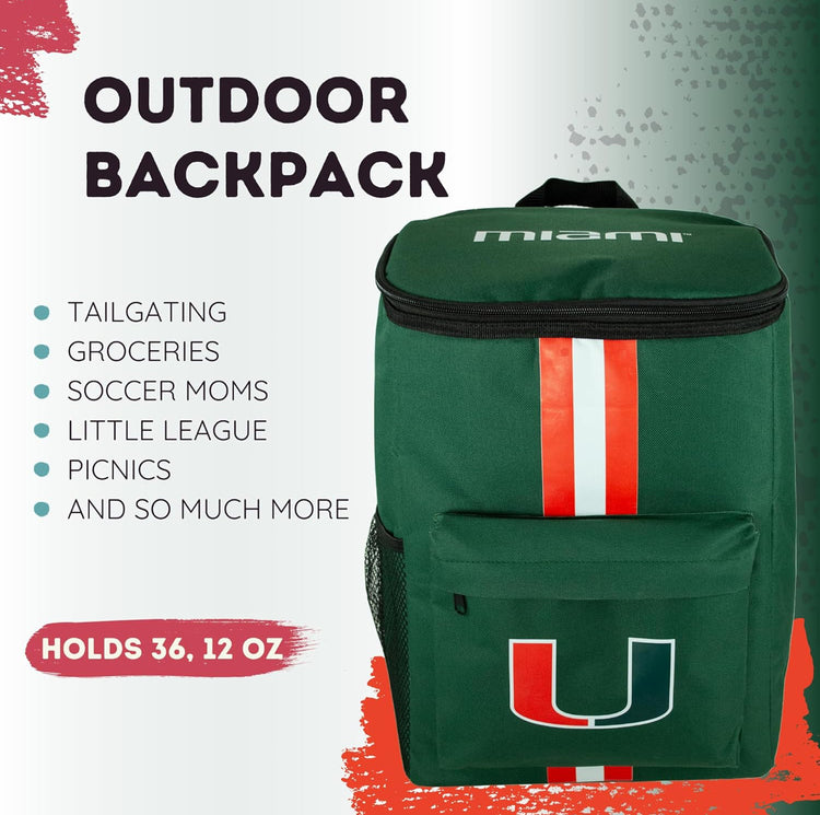 University of Miami Canes Cooler Backpack – Portable Soft Sided Ice Chest – Insulated Bag Holds 36 Cans - Acc Football Gear – Show Your Team Spirit with Officially Licensed Fan Gear.