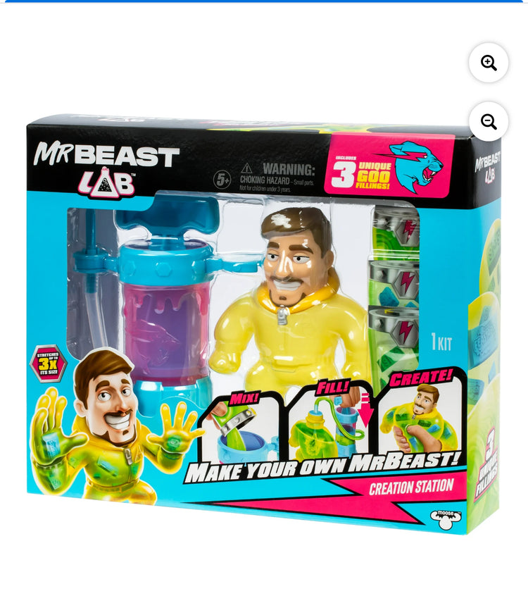 Mr. Beast Lab , Make your Mr.Beast, Fill & Create Your Own Stretchy Action Figure Ages 4+. This is a pre-order. Release date February 15,2025.