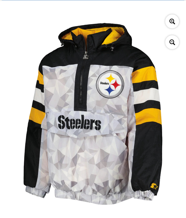 Men's Starter White/Black Pittsburgh Steelers Thursday Night Gridiron Raglan Half-Zip Hooded Jacket.