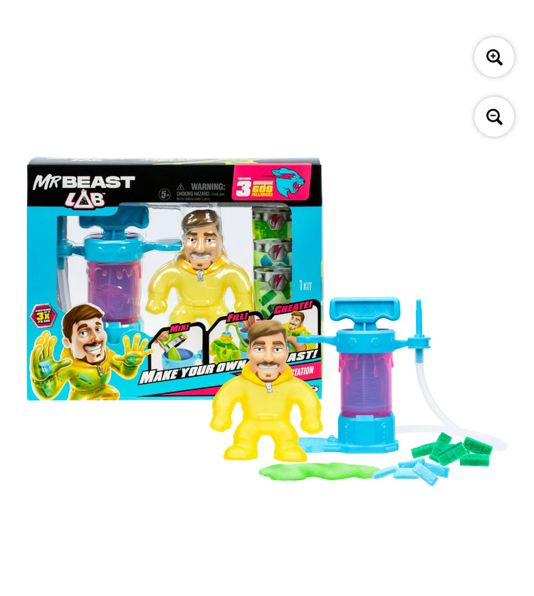 Mr. Beast Lab , Make your Mr.Beast, Fill & Create Your Own Stretchy Action Figure Ages 4+. This is a pre-order. Release date February 15,2025.