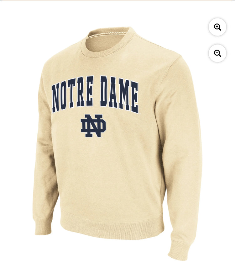 Men's Colosseum Gold Notre Dame Fighting Irish Arch & Logo Crew Neck Sweatshirt. Size M and L.