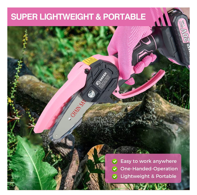 Saker 4 Inch Mini Chainsaw, Pink Cordless Chainsaw, Electric Chainsaw for Tree Branches, Courtyard, Household & Garden(2PCS 1500mAh Batteries & 3 PCS Chains)