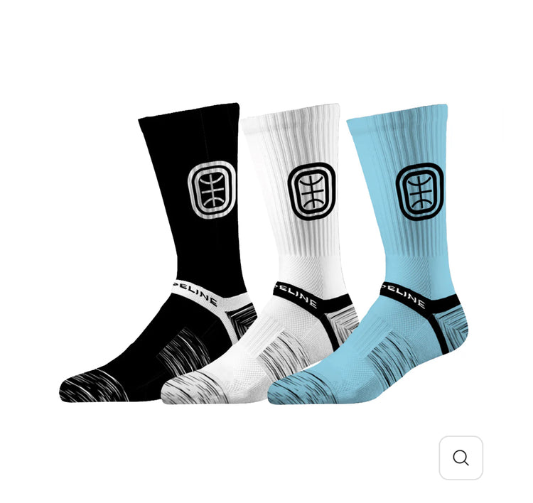 Strideline Overtime Elite Crew Socks. 3 Pack. Black, Blue and Green.