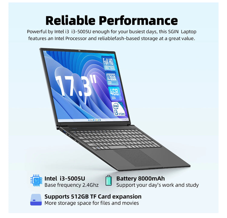 SGIN 17.3" 4gb DDR4 128gb SSD Windows 11 Laptop FHD IPS 1920 x 1080 Dual Core Intel i3, HDMI