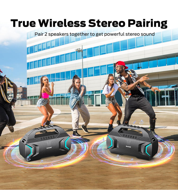 BUGANI Bluetooth Speakers, Party Plus Wireless Portable Speaker with 60W Big Power Dual Pairing True Wireless Stereo Sound, 30H Playtime, Support TF/AUX/USB, Suitable for Party, Outdoor Speaker