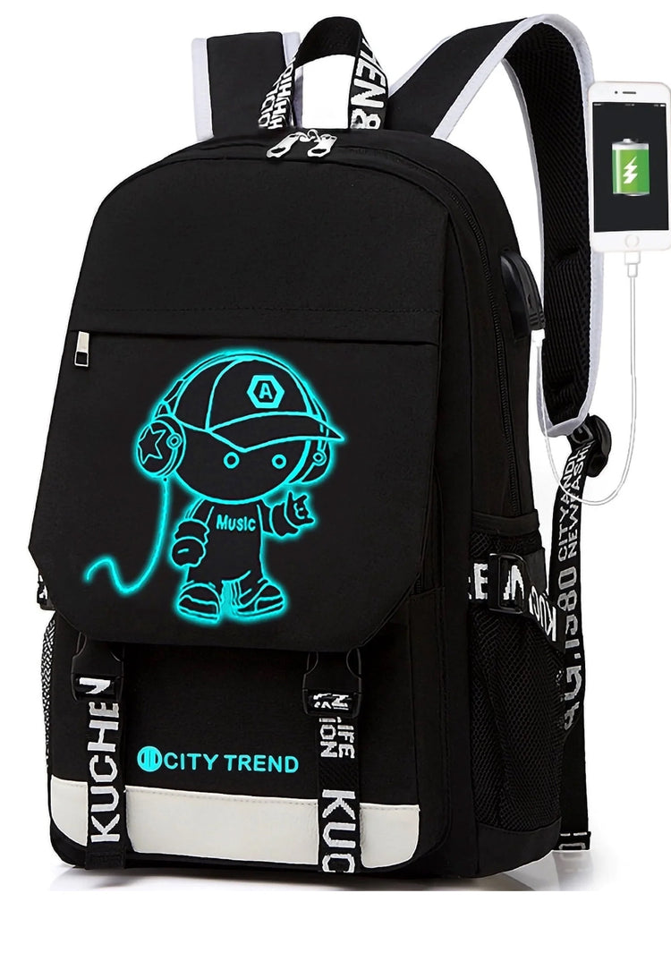 Ficcug Luminous School Bags Backpacks,16" Laptop Backpack with USB Charge Port,Shoulder Student Travel Bookbags for Boys Girls Women Men Teens,Black