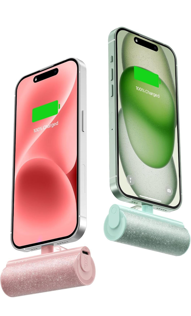 Charmast 2-Pack Small Portable Charger for iPhone 3500mAh, Bling Compact Mini Power Bank, Cute Portable Phone Charger, Green Compatible with iPhone 15 Series, Pink Compatible with /14/13/12/11 Series.