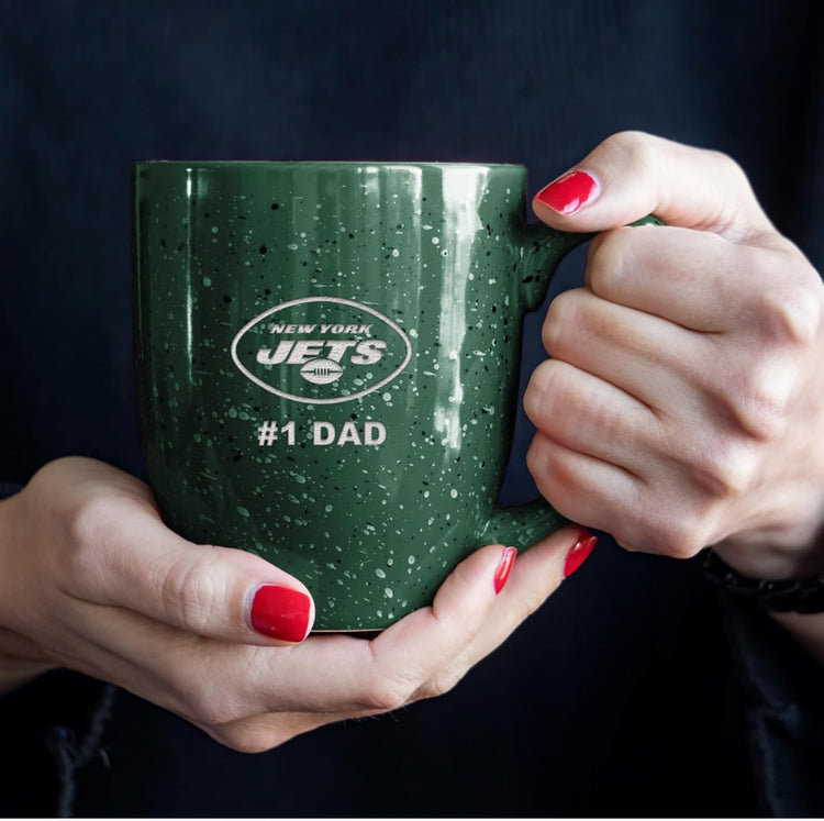 Rico Industries NFL Football New York Jets #1Dad 16 oz Team Color Laser Engraved Speckled Ceramic Coffee Mug.