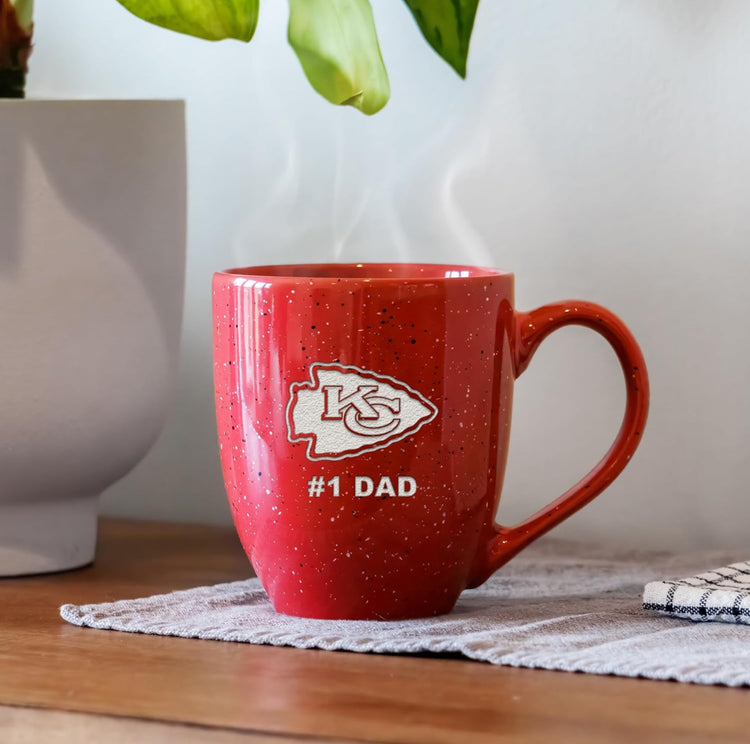 Rico Industries NFL Football Kansas City Chiefs #1Dad 16 oz Team Color Laser Engraved Speckled Ceramic Coffee Mug.