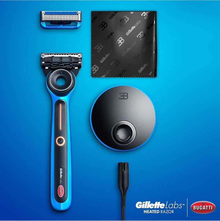 Gillette Heated Razor for Men, Bugatti Limited Edition Shave Kit by GilletteLabs, 1 Handle, 2 Razor Blade Refills, 1 Cleaning Cloth, 1 Charging Dock.