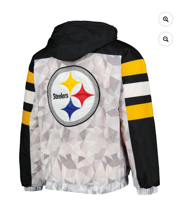 Men's Starter White/Black Pittsburgh Steelers Thursday Night Gridiron Raglan Half-Zip Hooded Jacket.