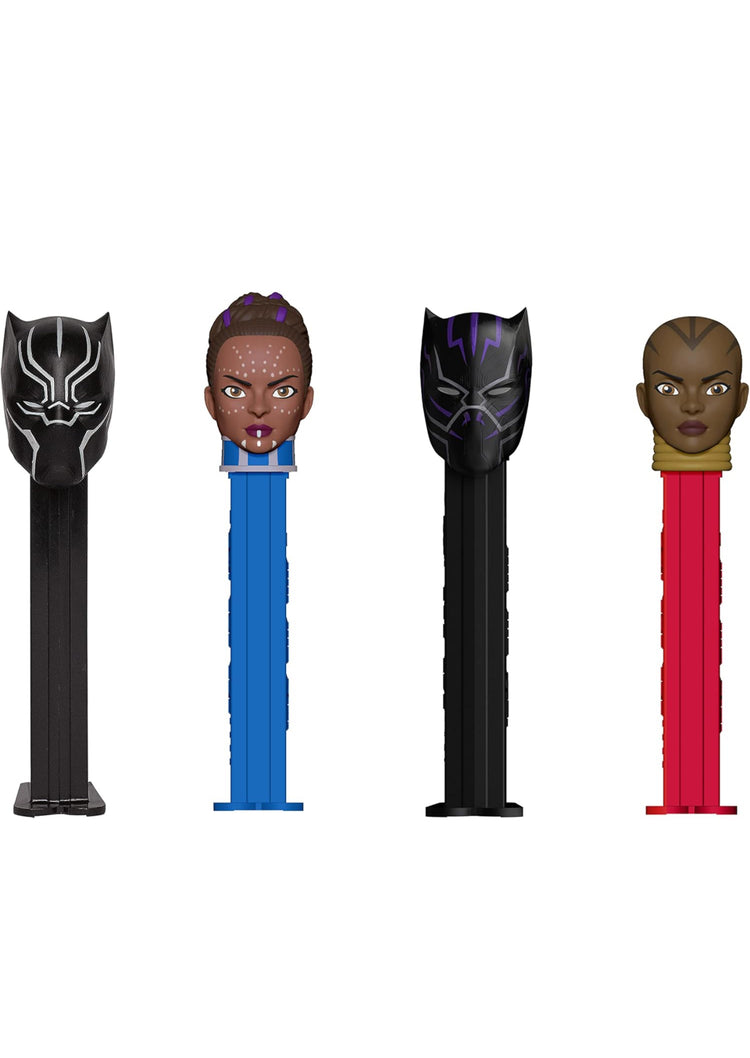 PEZ Black Panther Gift Set - Includes 4 Dispensers (Black Panther, Shuri, Purple Black Panther, and Okoye) + 6 candy refills in collectible tin, Orange,Purple, 1 Count, 13.3 ounces