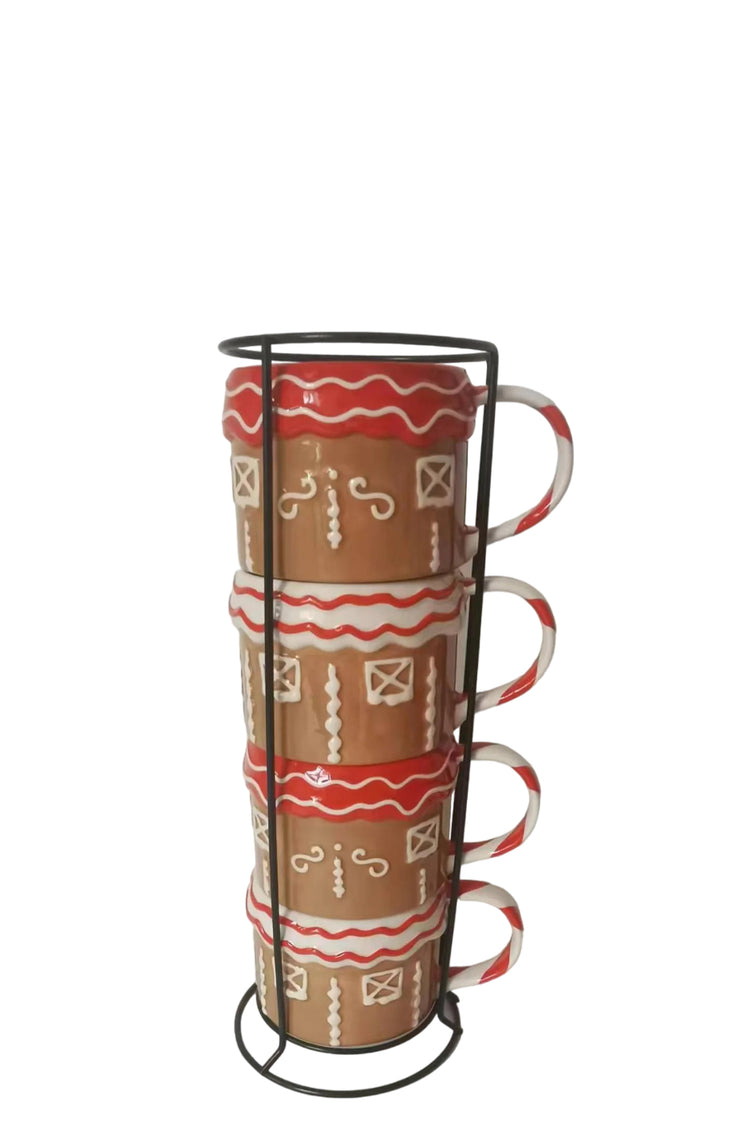 Holiday Time 12oz Gingerbread House Glazed Stoneware Ceramic Stacking Mug Set with Metal Rack