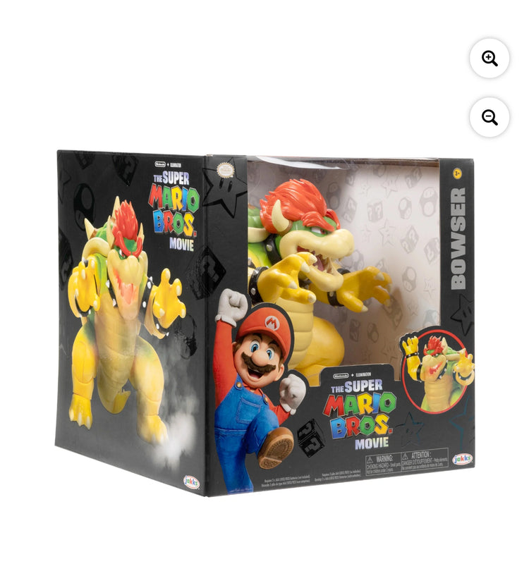 The Super Mario Bros. Movie 7 inch Feature Bowser Action Figure with Fire Breathing Effects. AAA batteries required and not included.