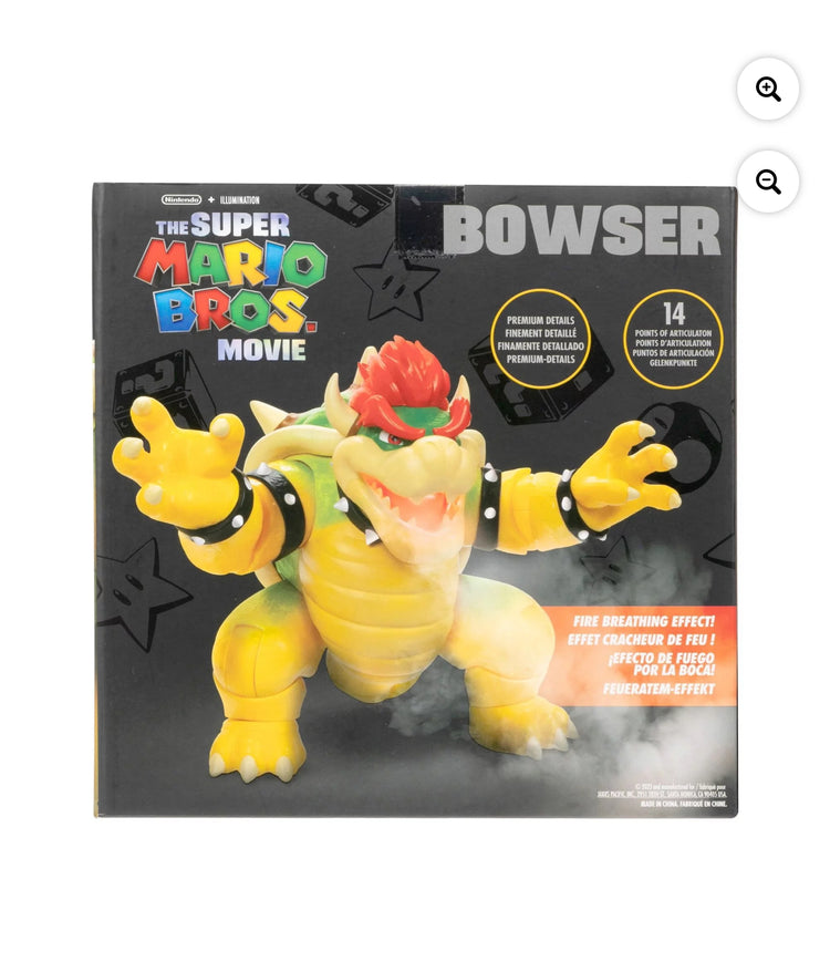 The Super Mario Bros. Movie 7 inch Feature Bowser Action Figure with Fire Breathing Effects. AAA batteries required and not included.