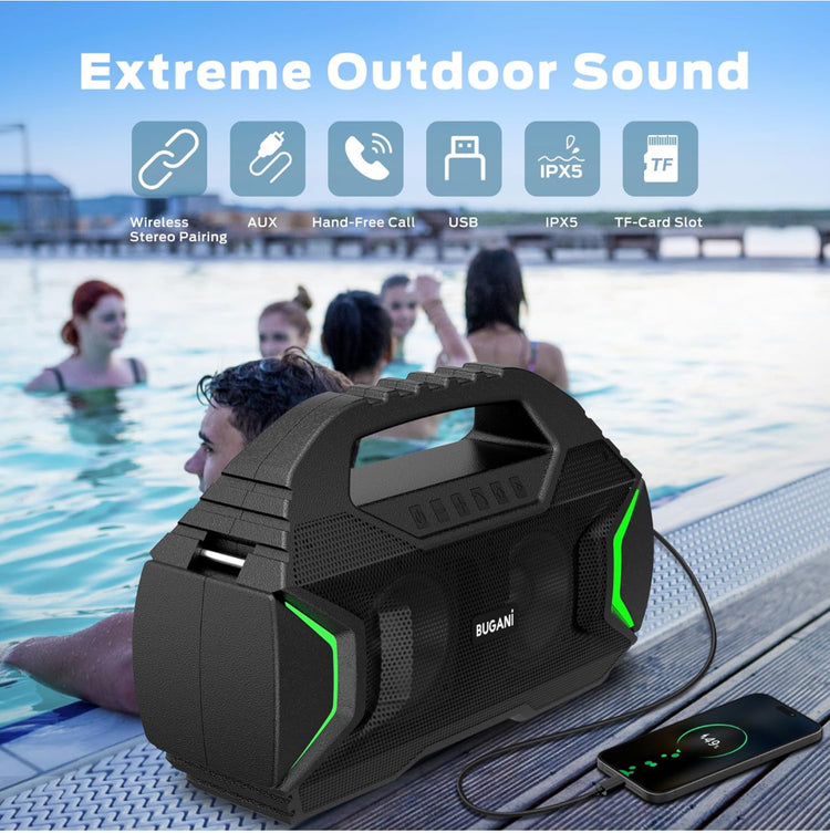 BUGANI Bluetooth Speakers, Party Plus Wireless Portable Speaker with 60W Big Power Dual Pairing True Wireless Stereo Sound, 30H Playtime, Support TF/AUX/USB, Suitable for Party, Outdoor Speaker