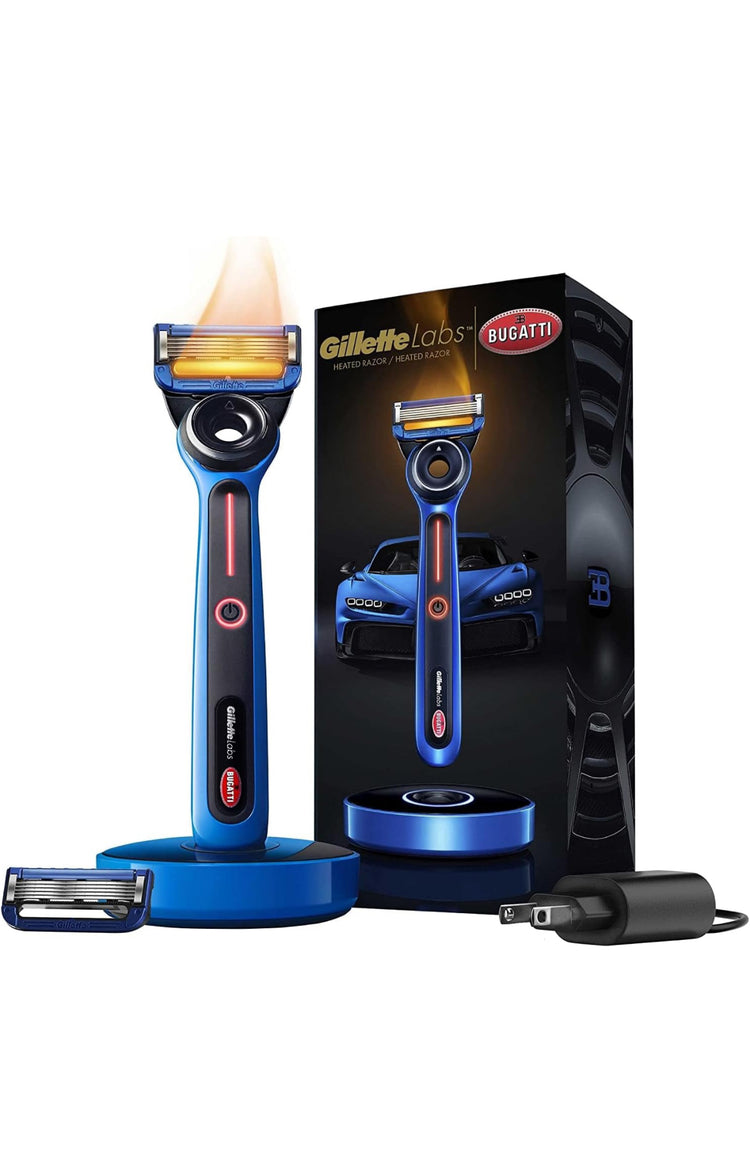 Gillette Heated Razor for Men, Bugatti Limited Edition Shave Kit by GilletteLabs, 1 Handle, 2 Razor Blade Refills, 1 Cleaning Cloth, 1 Charging Dock.