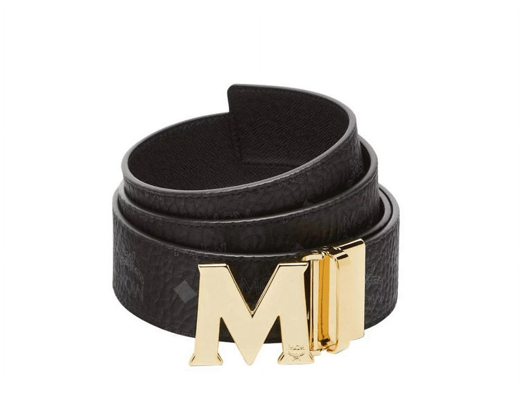 MCM Claus Reversible Belt - Black, Gold Buckle MXBAAVI03BK001