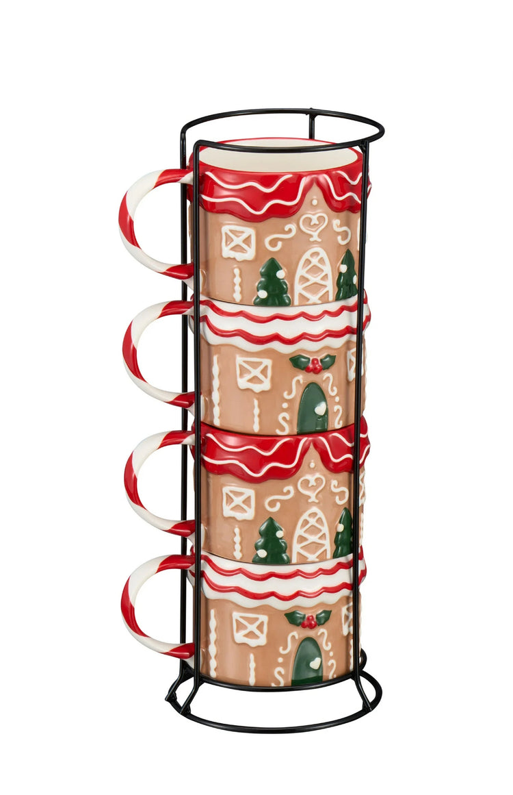 Holiday Time 12oz Gingerbread House Glazed Stoneware Ceramic Stacking Mug Set with Metal Rack