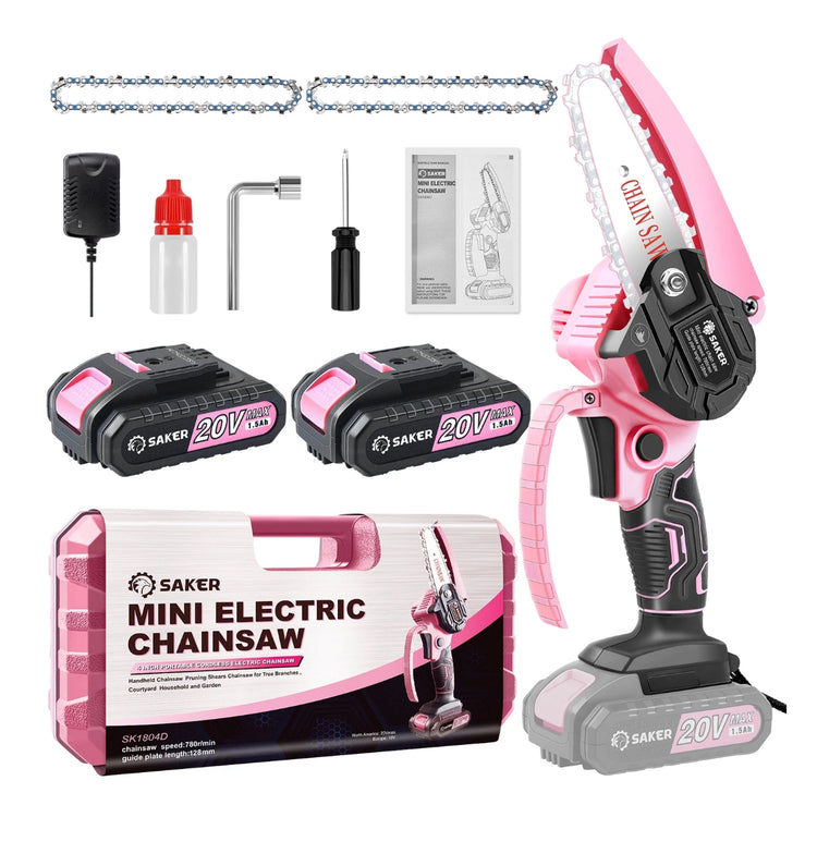 Saker 4 Inch Mini Chainsaw, Pink Cordless Chainsaw, Electric Chainsaw for Tree Branches, Courtyard, Household & Garden(2PCS 1500mAh Batteries & 3 PCS Chains)