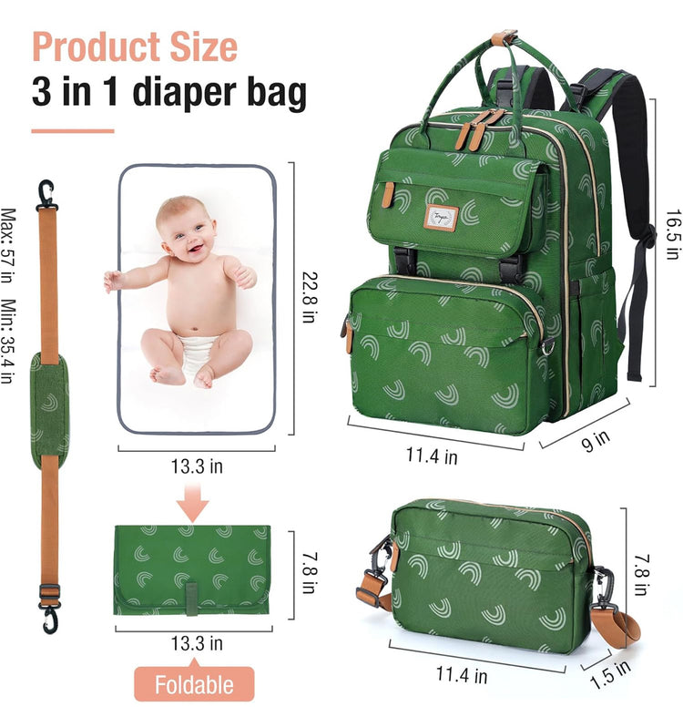 Baby Diaper Bag Backpack, Large Diaper Bag with Removable Cross Body Bag & 2 Compartments, Baby Bag for Boys & Girls, Travel Diaper Bags, Green Rainbow