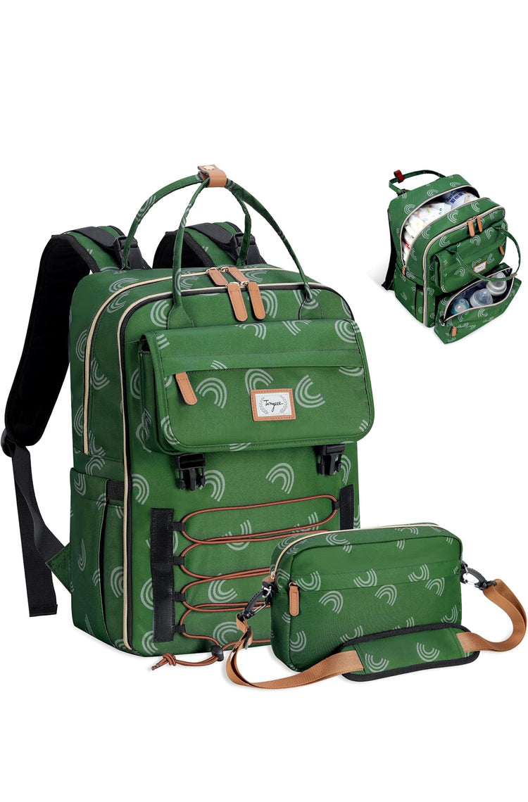 Baby Diaper Bag Backpack, Large Diaper Bag with Removable Cross Body Bag & 2 Compartments, Baby Bag for Boys & Girls, Travel Diaper Bags, Green Rainbow