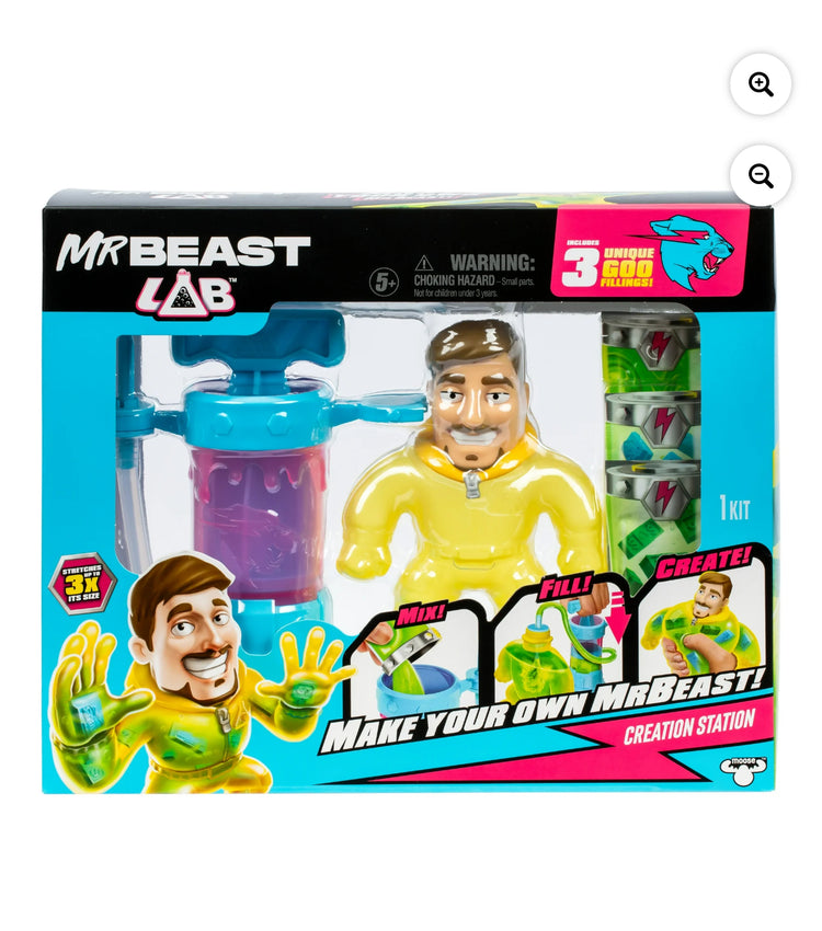 Mr. Beast Lab , Make your Mr.Beast, Fill & Create Your Own Stretchy Action Figure Ages 4+. This is a pre-order. Release date February 15,2025.