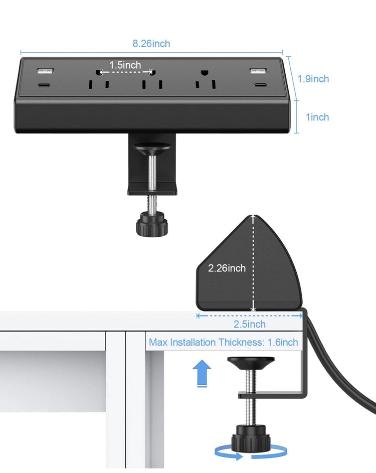 Desk Clamp Power Strip,Desktop Mount Surge Protector,40W Fast Charging Station,2 PD 20W USB C Ports,3 Outlets,6FT Flat Plug for Home,Office,Fit 1.6" Tabletop Edge