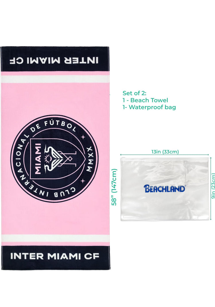 Inter Miami CF Beach Towel 30 x 60 in | 100% Cotton Velour/Terry | Waterproof Bag Included | Official Team Logo Print.