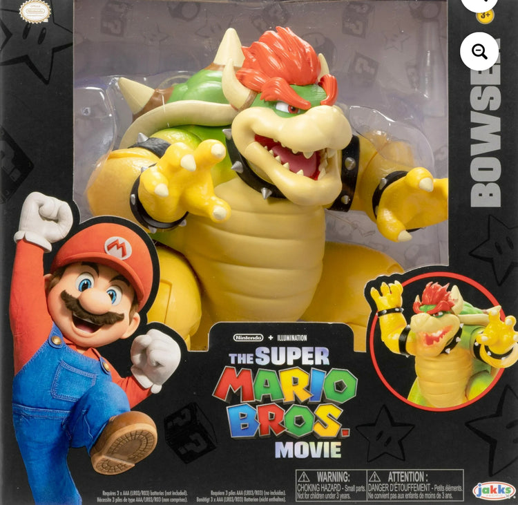 The Super Mario Bros. Movie 7 inch Feature Bowser Action Figure with Fire Breathing Effects. AAA batteries required and not included.