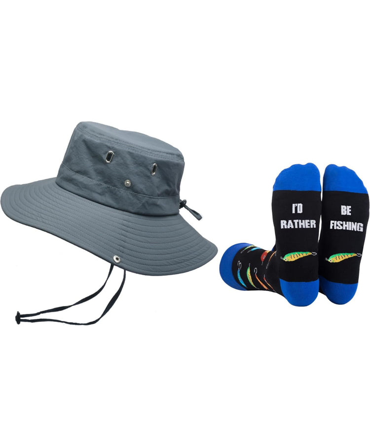 GOAUS Fishing Gifts for Men, Funny Hat and Socks, Christmas Stocking Stuffers for Him Boys Dad Son Husband Boyfriend Grandpa.