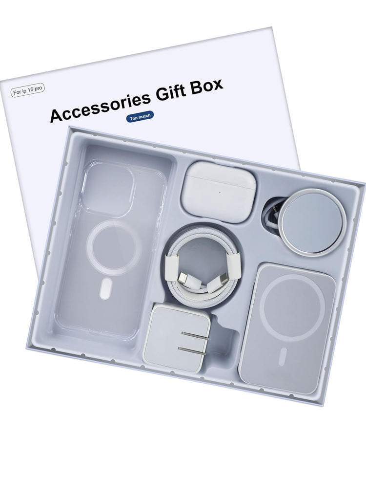 6 Pack Accessories Gift Box Kit Includes Bluetooth Headphones, PD Fast Charger with Cable, Crystal Clear Magnetic Case, Magnetic Charger & Wireless Compatible for iPhone 15 Pro Max 6.7" and iPhone 14 Pro Max 6.7”.