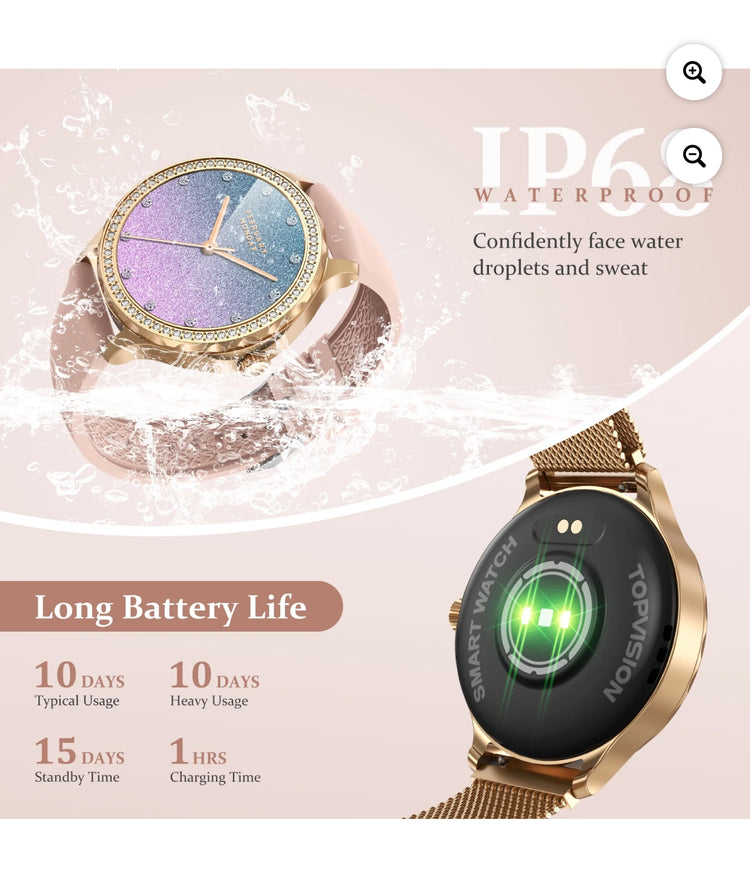 TOPVISION Smart Watch for Women, Fitness Tracker with 100+ Sport Modes 2 Bands for Android iOS, Gold.