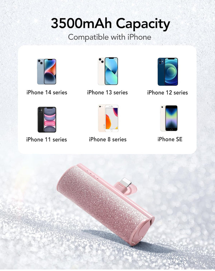 Charmast 2-Pack Small Portable Charger for iPhone 3500mAh, Bling Compact Mini Power Bank, Cute Portable Phone Charger, Green Compatible with iPhone 15 Series, Pink Compatible with /14/13/12/11 Series.