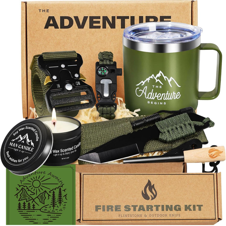 Frerdui Gifts Set for Men,Dad Gift Box Dad Gifts from Son Daughter,Gift for Father's Day Birthday Tumbler Mug Gift Box Basket, Cool Camping Ourdoor Survival Kit for Son Dad in Law Husband.