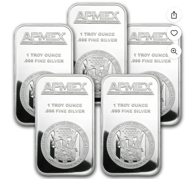 1 oz Silver Bar - APMEX (Lot of 5 Bars) $35.00 each bar, not $35.00 for the lot of 5!