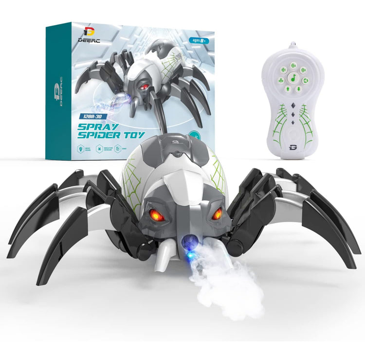 DEERC Robot Spider, Remote Control Spider with Spray and Lights, Black Widow Toy for Kids, for Halloween Birthday Party Joke Prank, Wireless RC Realistic Bot Moving Real Music Effect Tarantula