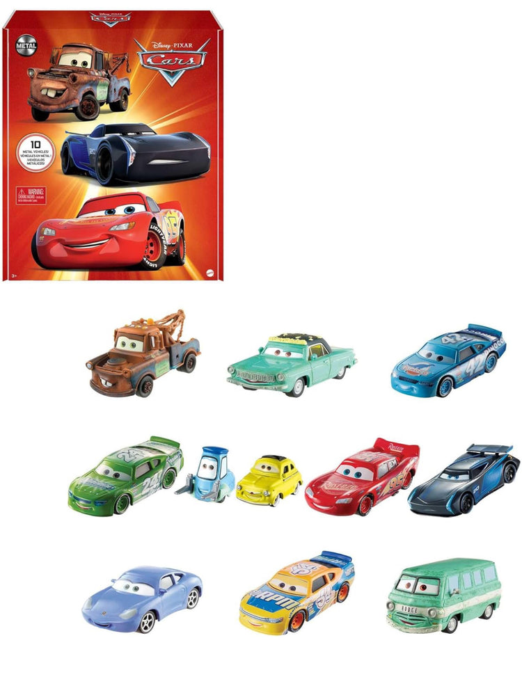 Mattel Disney and Pixar Cars Set of 10 Die-Cast Mini Racers Vehicles, Collectible Set of 1:55 Scale Toy Cars Inspired by Movies.