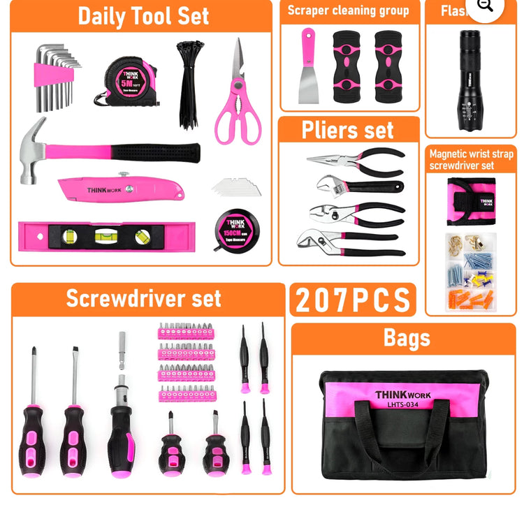 Pink Tool Set - 207 Piece Lady's Portable Home Repairing Tool Kit made from THINKWORK TW6075