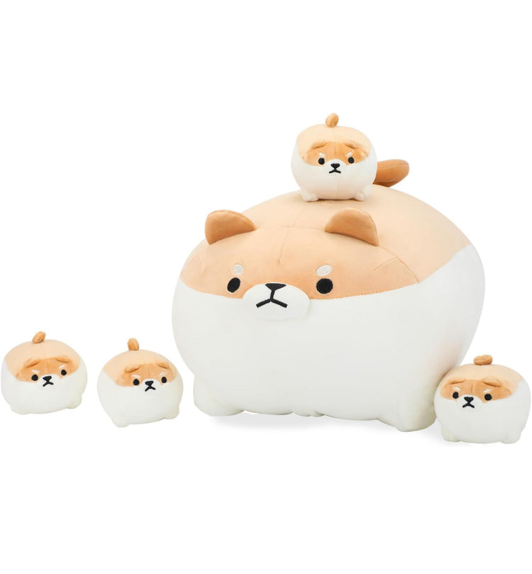 Shiba Inu Plush Pillow 16 Inches with Four Babies in Mommy‘s Belly, Super Soft Cartoon Dog Stuffed Animal Shiba Inu Plush for Kids Birthday